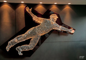 "The Catch" 2 metre cast water clear polyurethane figure, background, cast tinted polyurethane. Private collection: Basil Sellers Group, Sydney